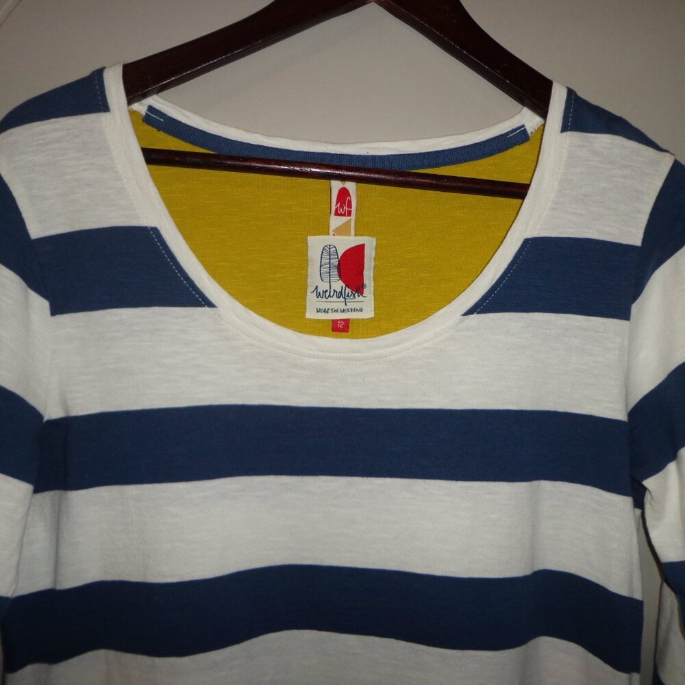 NWOT wf Weird Fish Wear The Weekend Scoop Neck Top 12 Stripes Blue/Wht Long Roll - Picture 4 of 12
